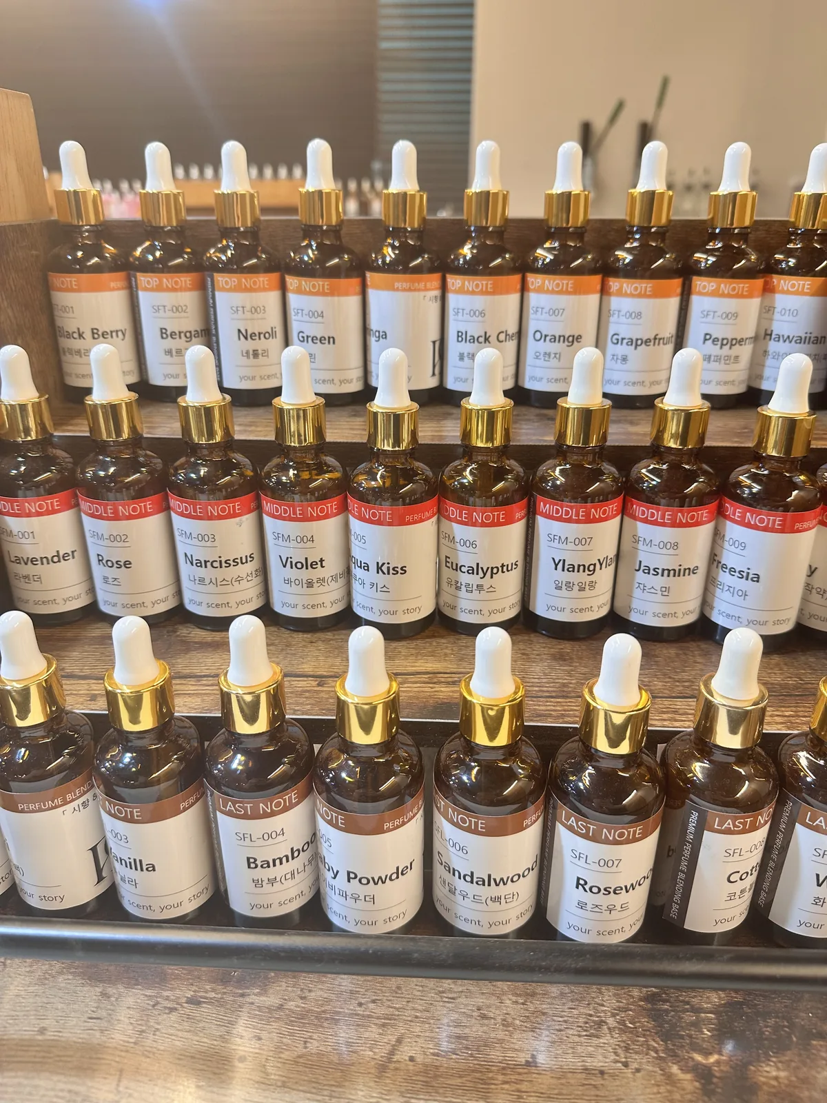 Fragrance notes for custom perfume making at Parfum9 in Hongdae