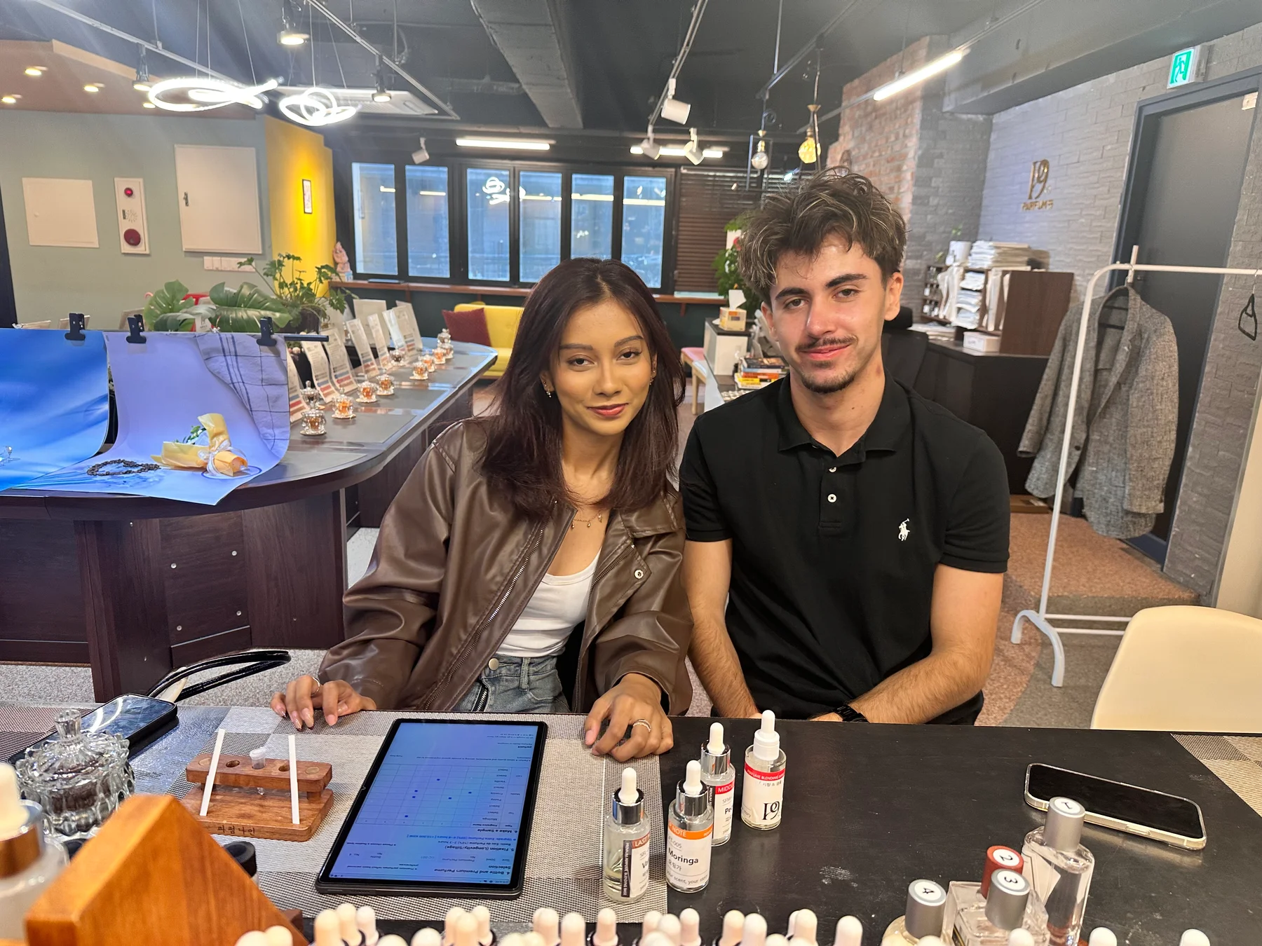 A couple creating their own perfumes at Parfum9 in Hongdae